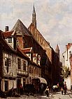 A Busy Street In Bremen With The Saint Johann Church In The Background by Cornelis Springer